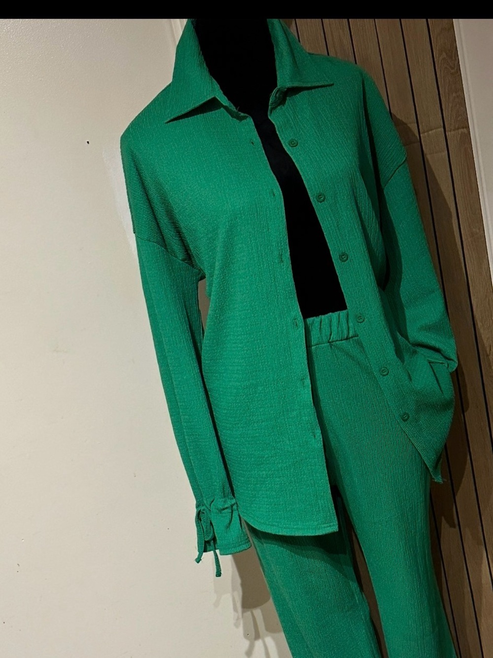 Women's Green lightweight two piece elastic waist wide-leg pants